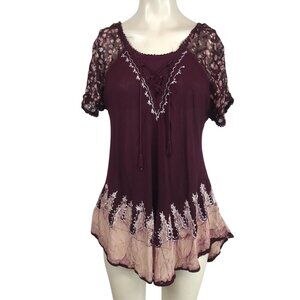 SAKKAS- WOMEN'S FREE SIZE - BURGUNDY SHORT SLEEVES TIE DYE EMBROIDERED TOP